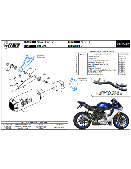 MIVV SUONO SILENCIADOR SLIP-ON M3 YAMAHA YZF R1 2015-2021 REF: Y.050.LM3X