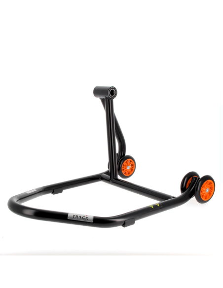 Caballete monobrazo izquierdo BIHR Home Track color negro mate y ruedas naranjas. REF 3032139