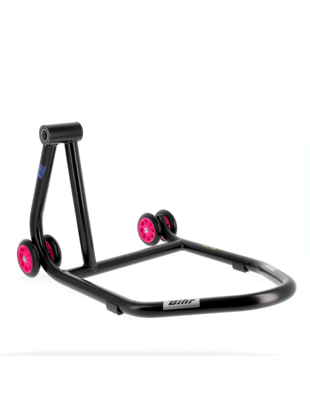 Caballete monobrazo izquierdo BIHR Home Track color negro mate y ruedas rosas. REF 3032146