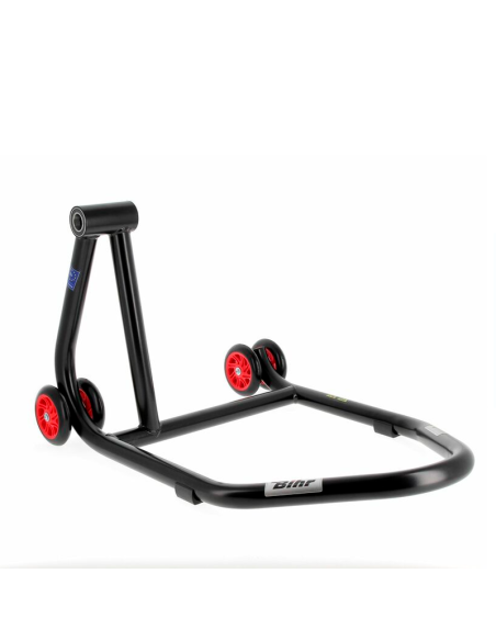 Caballete monobrazo izquierdo BIHR Home Track color negro mate y ruedas rojas. REF 3032096