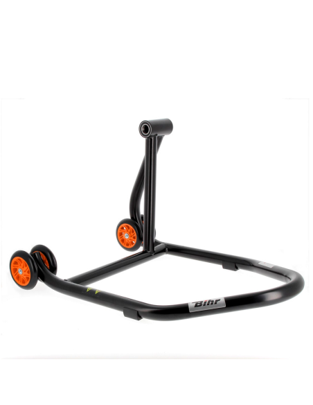 Caballete monobrazo derecho BIHR Home Track color negro mate y ruedas naranjas. REF 3032150