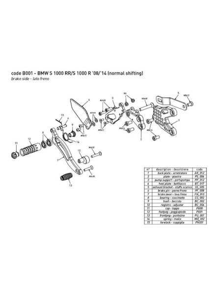 Estriberas BONAMICI RACING para BMW S1000RR - HP4 2008-2014 / S1000R 2012-2016 cambio NORMAL