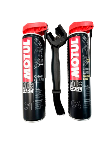 Kit Limpia Cadena y Engrase MOTUL MC Care C1 + C4 + cepillo Factory Line 400nl