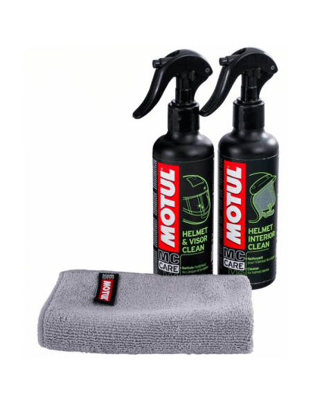 MOTUL Kit Limpieza CASCO de moto de M1 para limpieza exterior + M2 limpieza interior Con paño de microfibras de regalo.