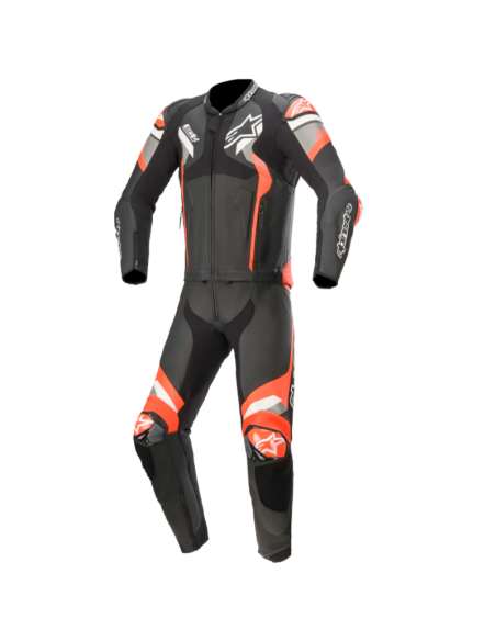 MONO ALPINESTARS ATEM V4 NEGRO-GRIS MEDIO Y ROJO FLUOR
